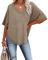V-neck Bat Sleeve Knitted Short Sleeve T-shirt Top