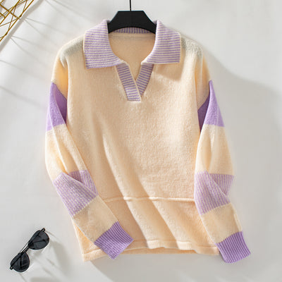 Striped Loose Long Sleeve POLO Neck Sweater