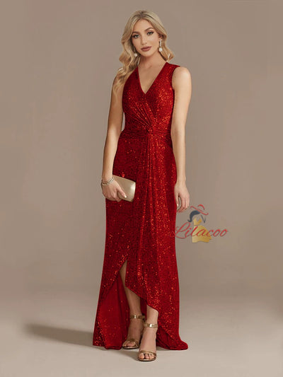 Champagne Sequins V-neck Split Prom Dress