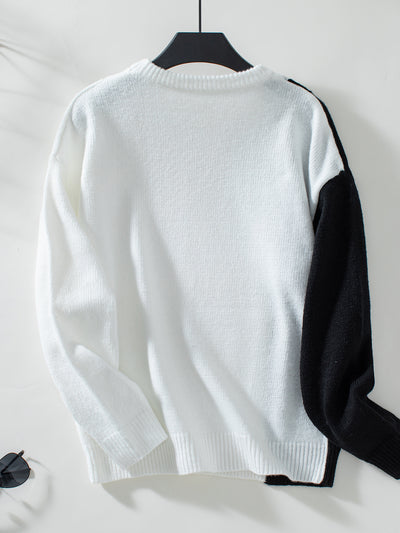 Contrast Round Neck Twisted Long Sleeve Sweater