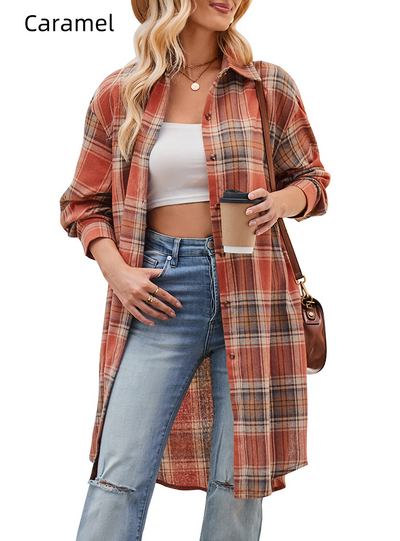 Fashion Loose Long Trench Coat Plaid Shirt