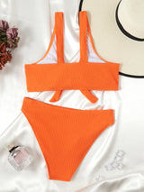 Split Pit Solid Color Openwork Bikini