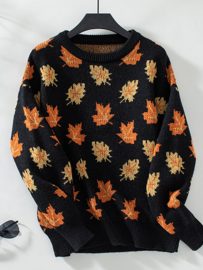 Maple Leaf Pattern Jacquard Leisure Pullover Sweater