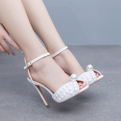 11cm High-heeled Fishmouth Pearl Wedding Shoes