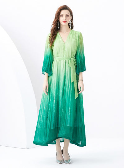 V-neck Flared Sleeve Long Gradient Print Dress