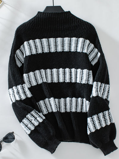 Striped Pullover Loose Semi-turtle Neck Sweater