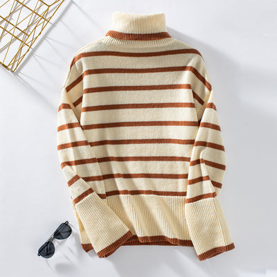 Lapel Striped High Neck Sweater