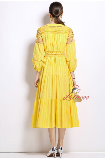 V-neck Lantern Sleeve Lace Embroidered Dress