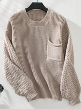 Solid Color Pocket Round Neck Long Sleeve Sweater