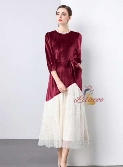 Lace Sequined Velvet Long Sleeve Dress