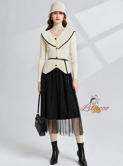 V-neck Knit Cardigan+Gauze Skirt Two-piece Suit