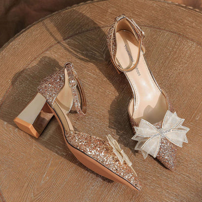 Bow Thick Heel Sequined Wedding Shoes