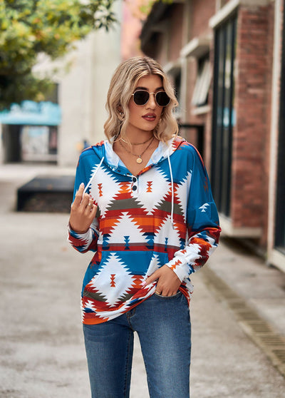 Geometric Pattern Long Sleeve Hooded Button Top