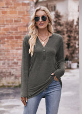 Casual V-neck Button Long Dleeve T-shirt