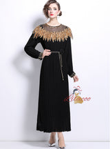 Heavy Industry Beaded Lantern Sleeve Pleated Dress