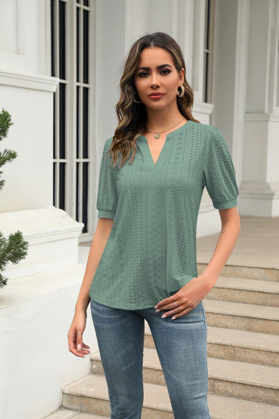 Casual V-neck Bubble Sleeve Loose T-shirt