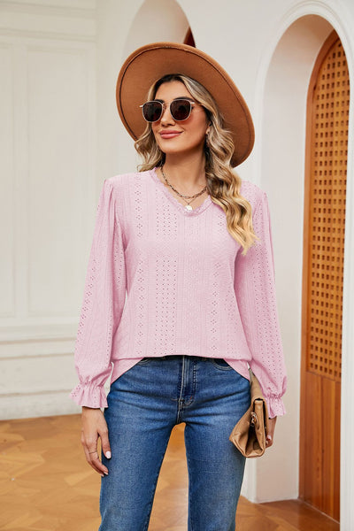 Lace V-neck Loose Long Sleeve T-shirt