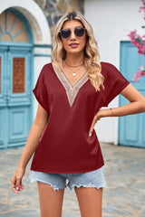 V-neck Lace Satin Short Sleeve Shirt