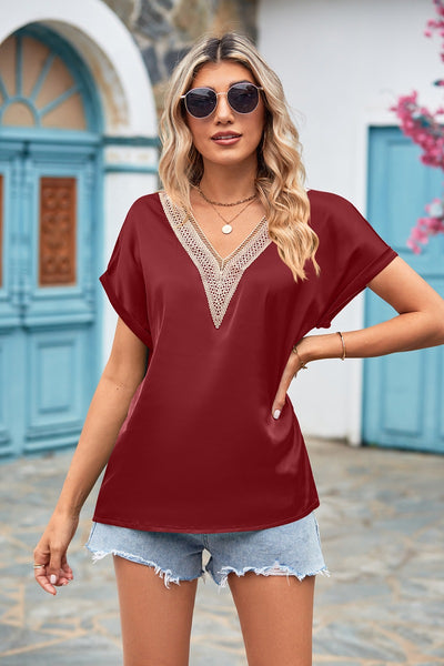 V-neck Lace Satin Short Sleeve Shirt