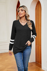 V-neck Contrast Stitching Long Sleeve T-shirt