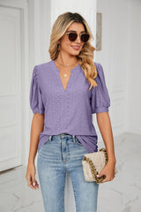 Casual V-neck Hollow Bubble Sleeve Loose T-shirt