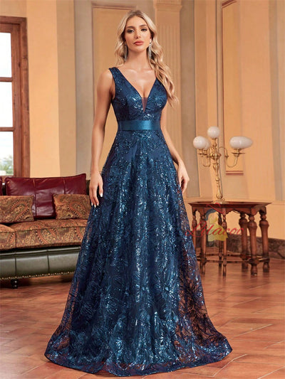 Navy Blue Sequins V-neck Prom Dress