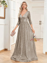 Long Sleeve Sequins V-neck Prom Dress