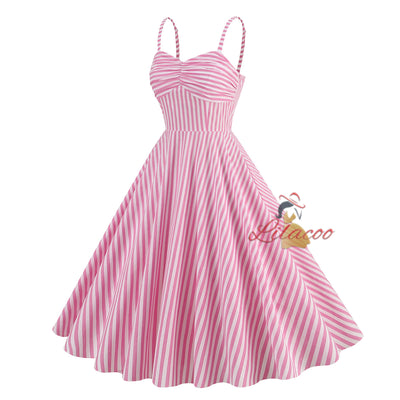 Retro Striped Suspender High Waist Dress