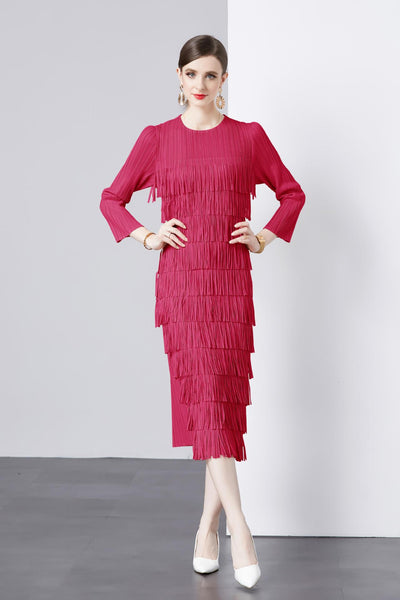 Long Sleeve Cake Pleated Fringed Dress