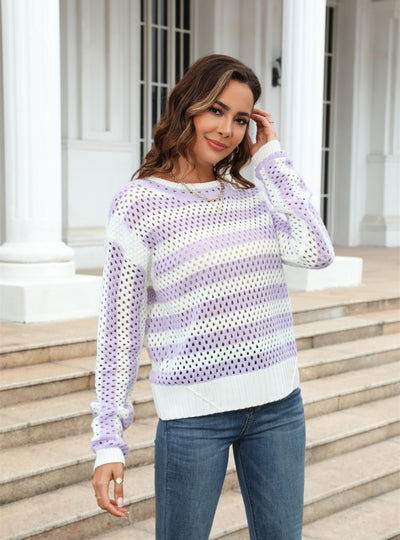 Hollow Striped Round Neck Long Sleeve Sweater