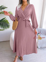 Cross V-neck Pleated Long Sleeve Dress