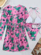 Flower Print Blouses Beach Swimsuit Three-piece Suit