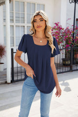 Solid Color Pleated Short Sleeve Loose T-shirt