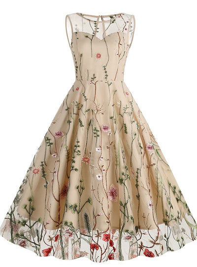 Round Neck Sleeveless Embroidered 50S Dress