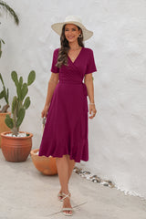 V-neck High Waist Short Sleeve Dress