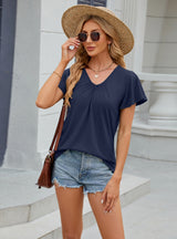 Solid Color Pleated V-neck Short Sleeve T-shirt