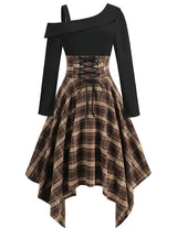 Irregular Plaid Long Sleeve Stitching Dress