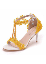 7 cm Thin Heel Beaded Lace Flower Wedding Shoes