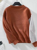 Contrast Color Round Neck Loose Long Sleeve Sweater