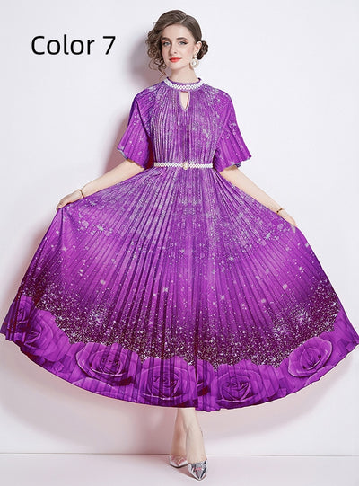 Retro Beaded Printed Pleated Dress