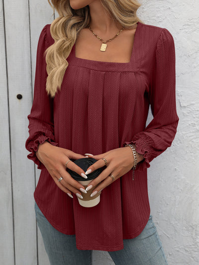 Bubble Sleeve Square Neck Pleated Long Sleeve T-shirt