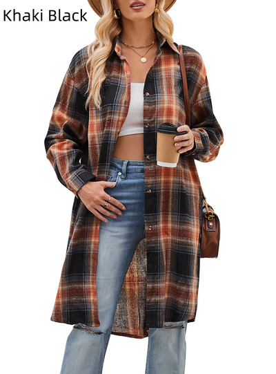 Fashion Loose Long Trench Coat Plaid Shirt