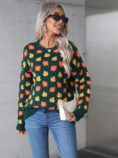 Leaves Print Christmas Crewneck Sweater