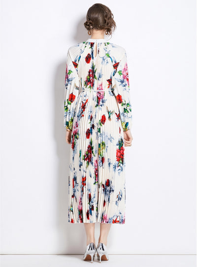 Printed Lantern Sleeve Pleated Tassel Belt Dress