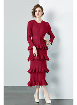 Ruffled Pleated Long Sleeve Slim Dress