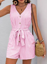 V-neck Sleeveless Striped Jumpsuit