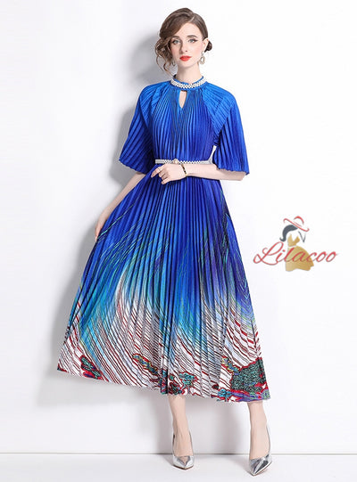 Pearl Pleated Long Beaded Print Long Dress