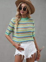 Spliced Hollow Loose Round Neck Striped Sweater