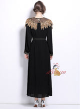 Heavy Industry Beaded Lantern Sleeve Pleated Dress