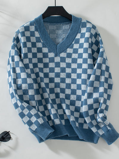 V-neck Pullover Plaid Loose Long Sleeve Sweater